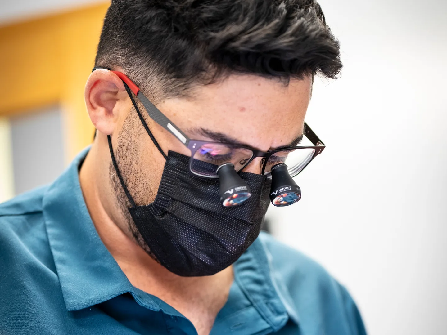 Profesional concentrado trabajando con lupas dentales en Lleida